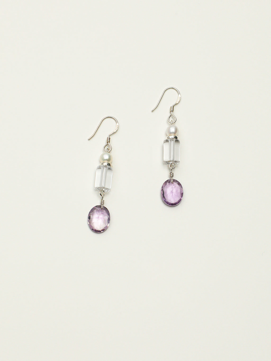 Crystal Pearl Earrings — white crystal cylinder & amethyst wheat-sheaf & S925 Sterling Silver | SENLORE