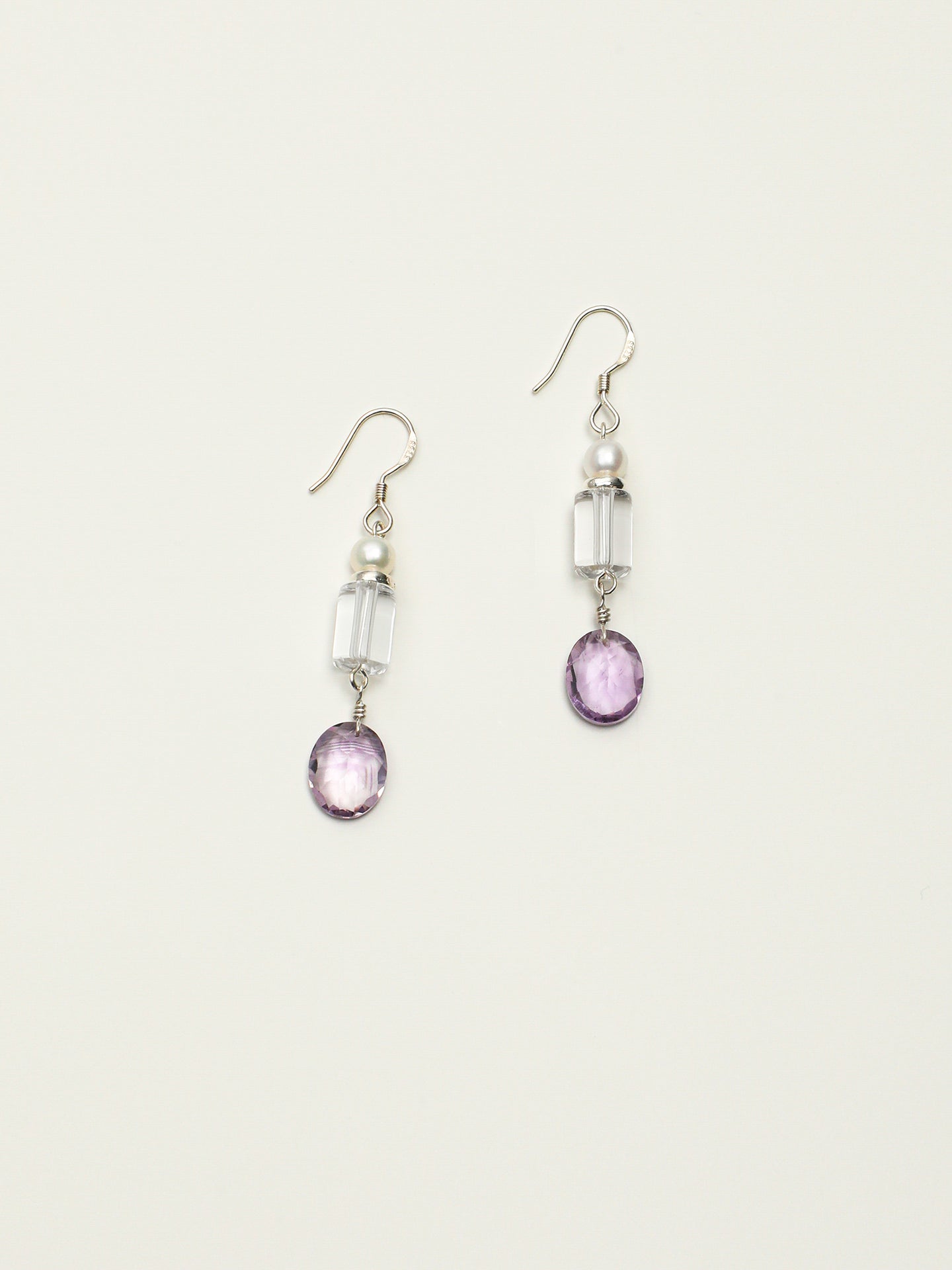 Crystal Pearl Earrings — white crystal cylinder & amethyst wheat-sheaf & S925 Sterling Silver | SENLORE