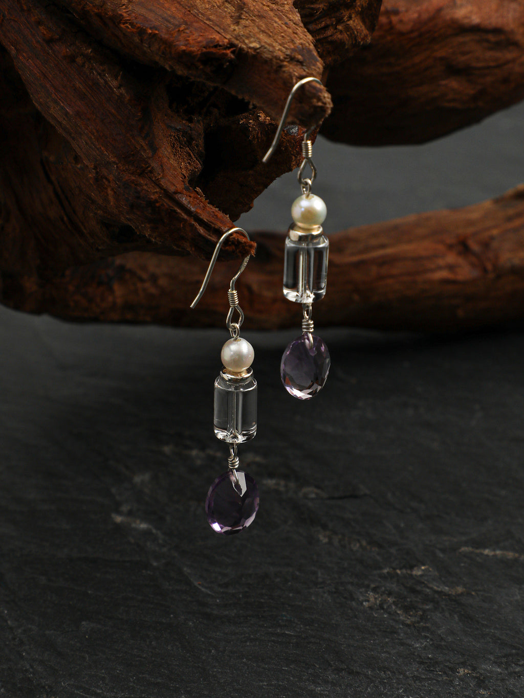 Crystal Pearl Earrings — white crystal cylinder & amethyst wheat-sheaf & S925 Sterling Silver | SENLORE