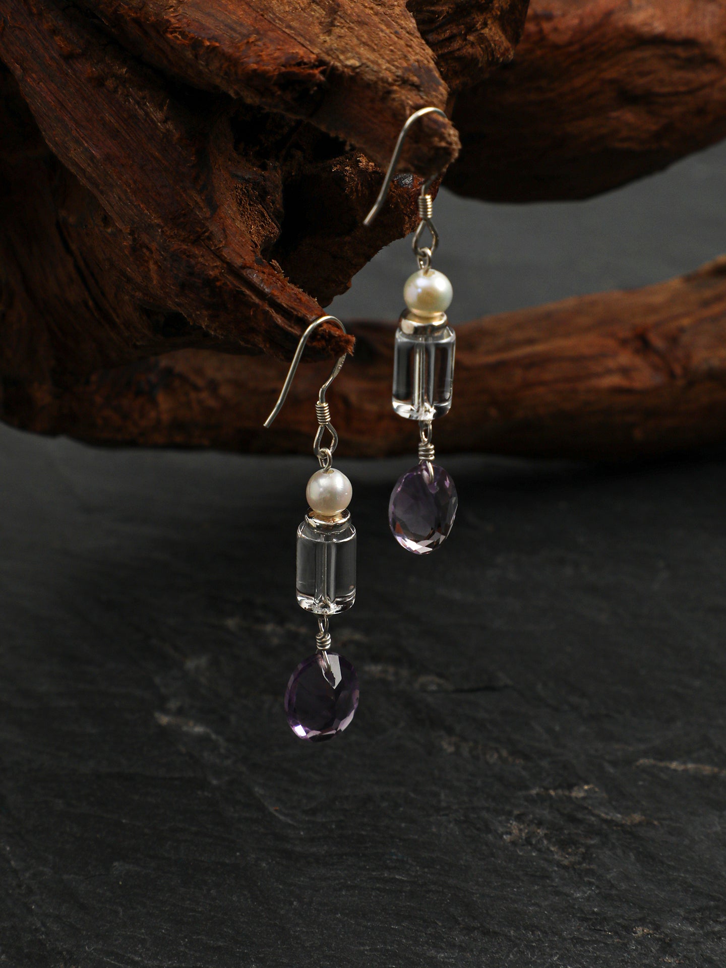 Crystal Pearl Earrings — white crystal cylinder & amethyst wheat-sheaf & S925 Sterling Silver | SENLORE