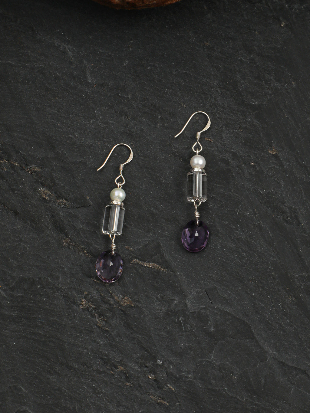 Crystal Pearl Earrings — white crystal cylinder & amethyst wheat-sheaf & S925 Sterling Silver | SENLORE