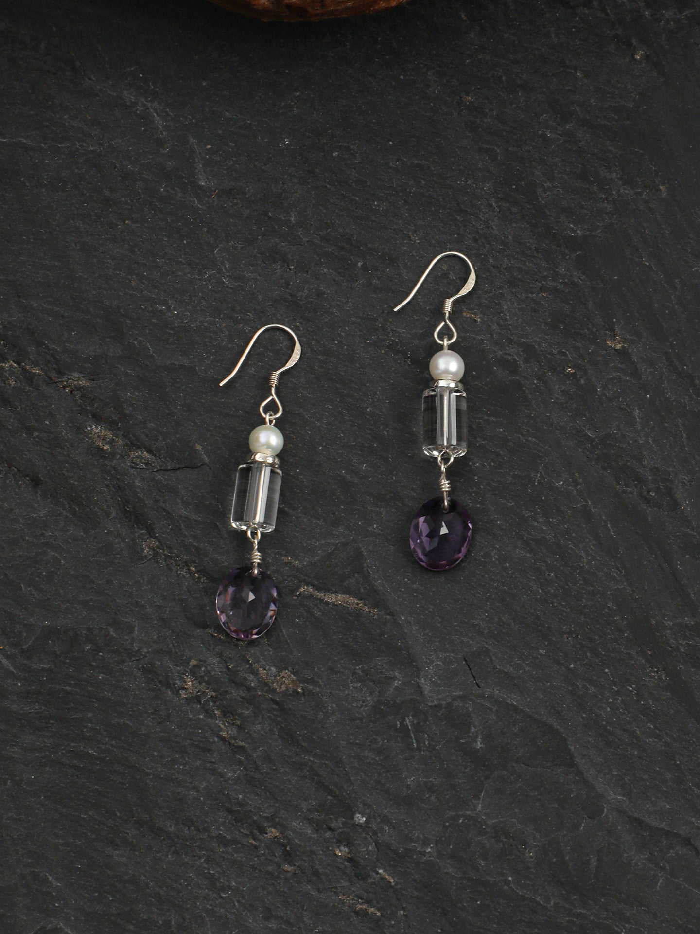 Crystal Pearl Earrings — white crystal cylinder & amethyst wheat-sheaf & S925 Sterling Silver | SENLORE