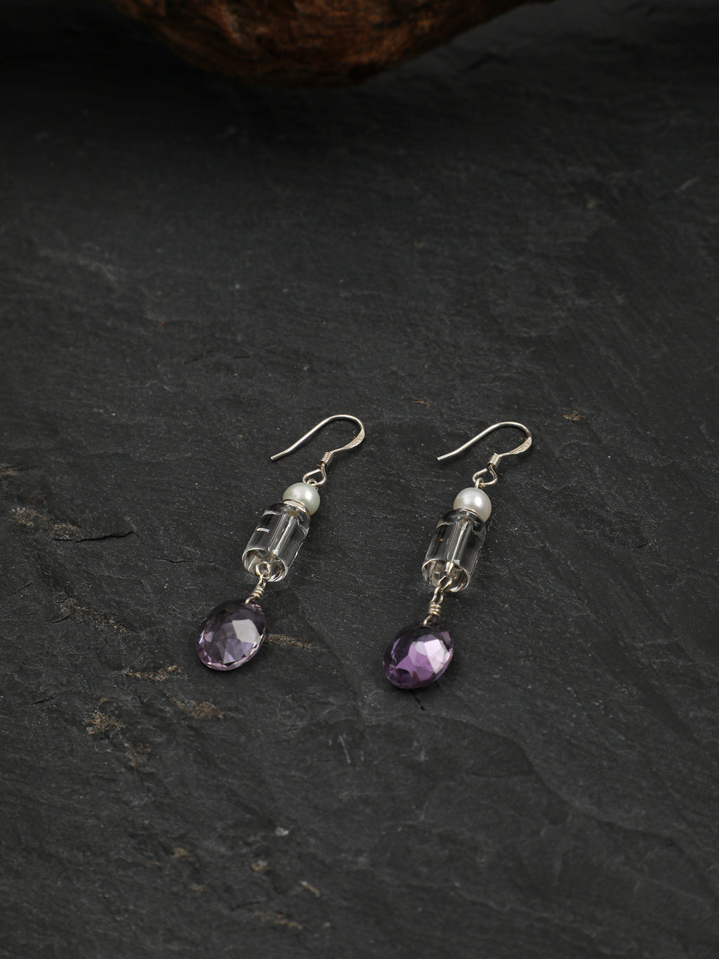 Crystal Pearl Earrings — white crystal cylinder & amethyst wheat-sheaf & S925 Sterling Silver | SENLORE