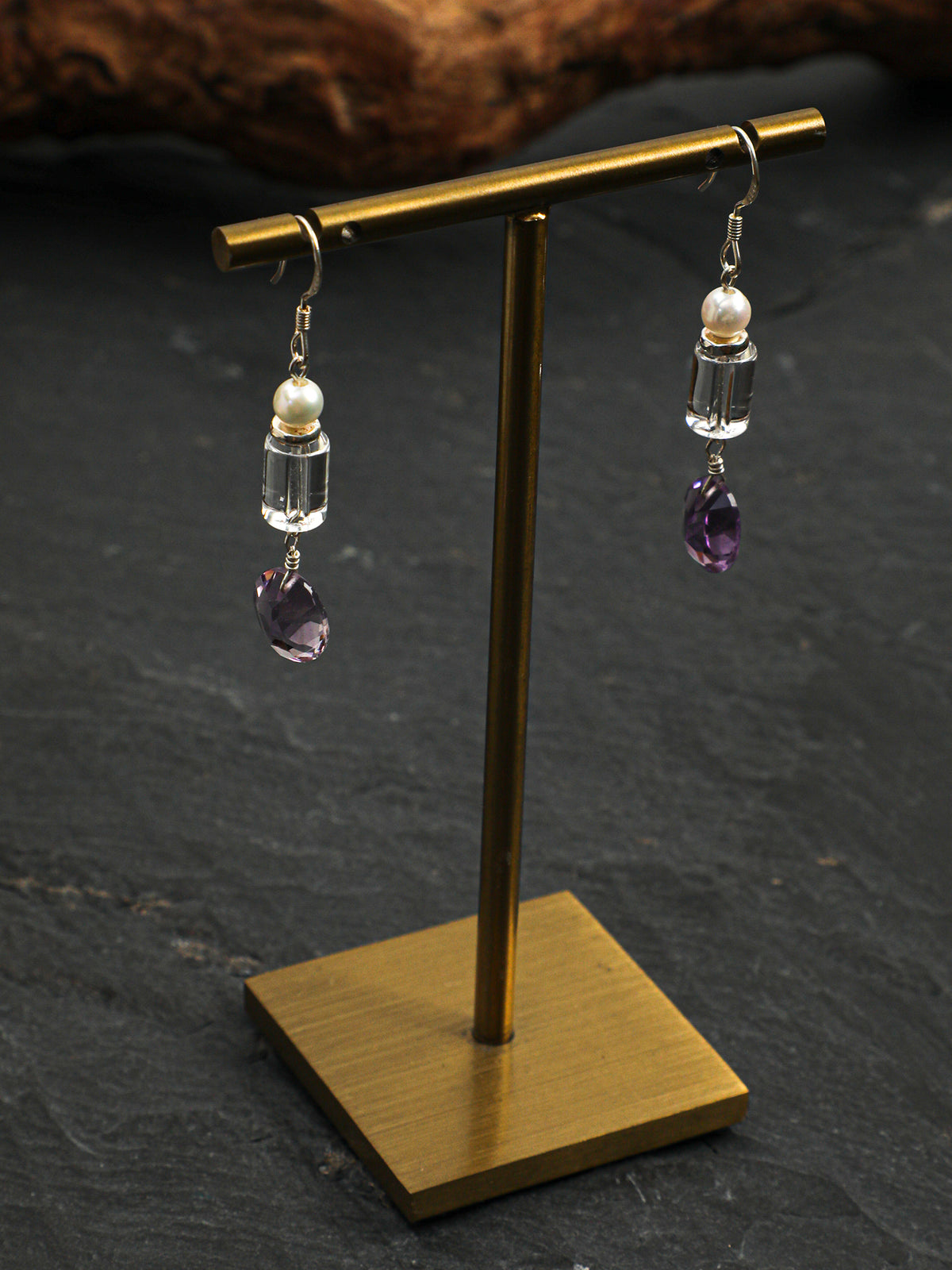Crystal Pearl Earrings — white crystal cylinder & amethyst wheat-sheaf & S925 Sterling Silver | SENLORE