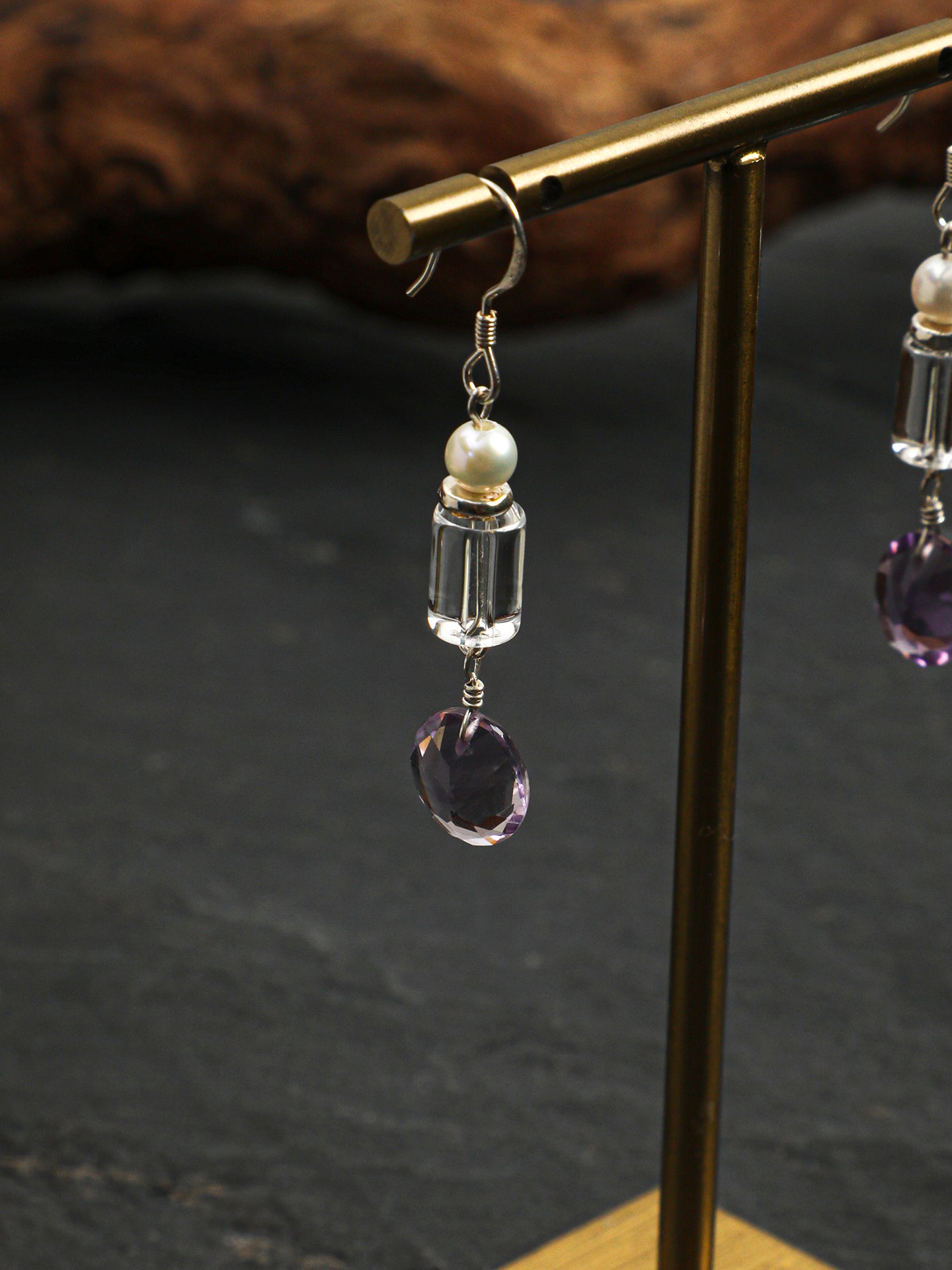 Crystal Pearl Earrings — white crystal cylinder & amethyst wheat-sheaf & S925 Sterling Silver | SENLORE
