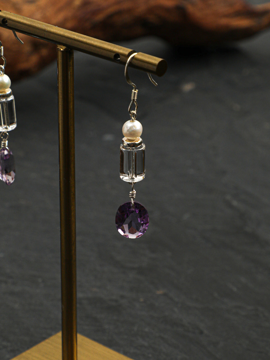 Crystal Pearl Earrings — white crystal cylinder & amethyst wheat-sheaf & S925 Sterling Silver | SENLORE
