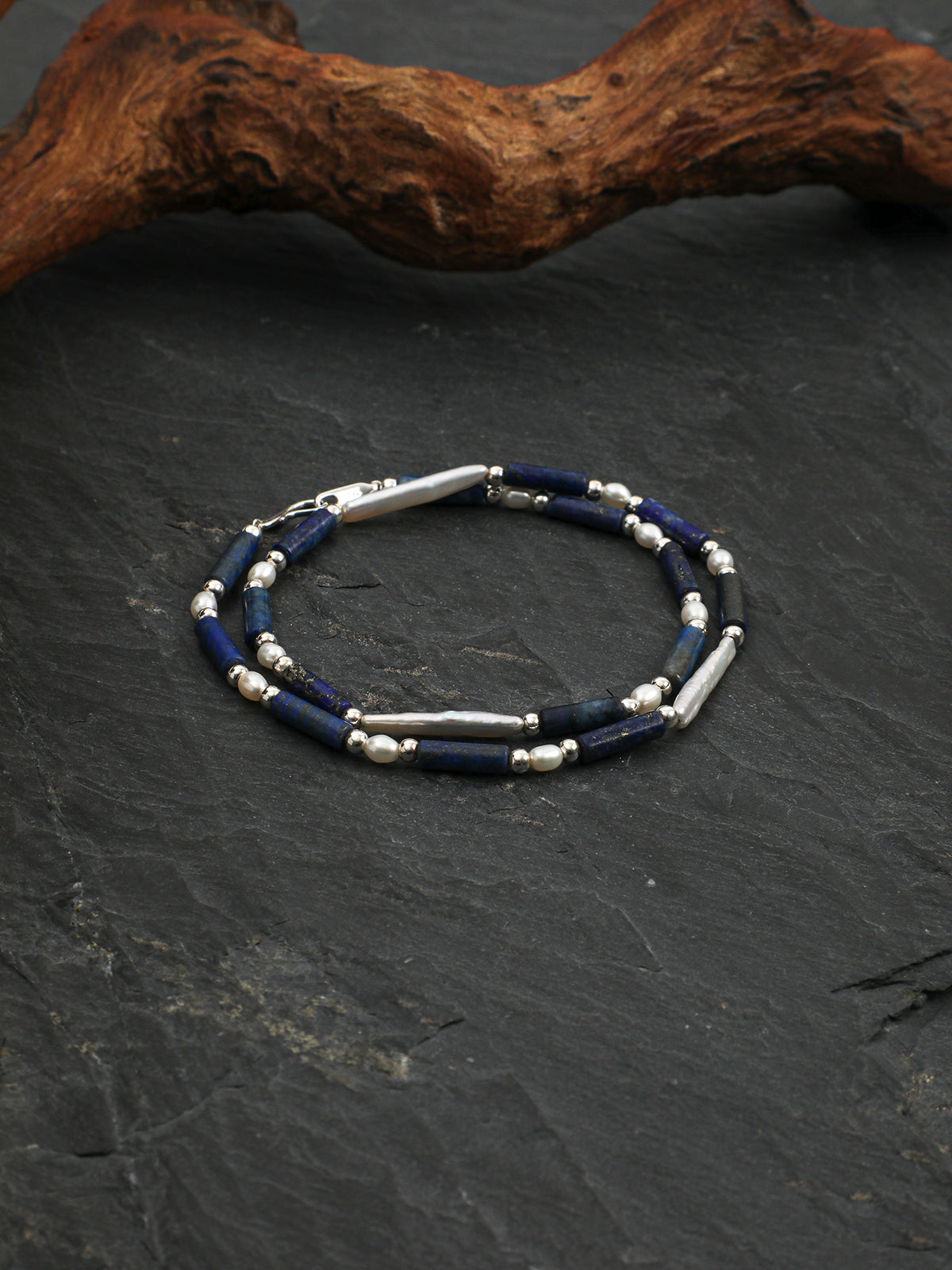 Lapis Lazuli Tube & Silver Bar Necklace — Lapis Lazuli, Pearl & Sterling Silver | SENLORE