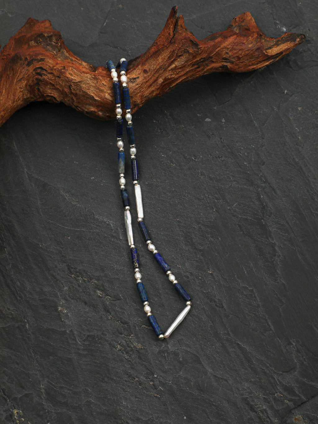Lapis Lazuli Tube & Silver Bar Necklace — Lapis Lazuli, Pearl & Sterling Silver | SENLORE