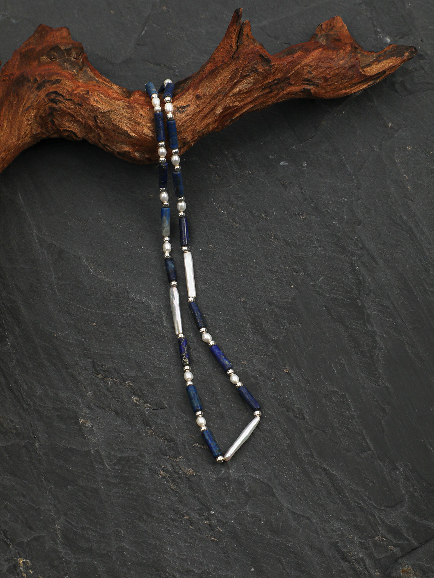 Lapis Lazuli Tube & Silver Bar Necklace — Lapis Lazuli, Pearl & Sterling Silver | SENLORE