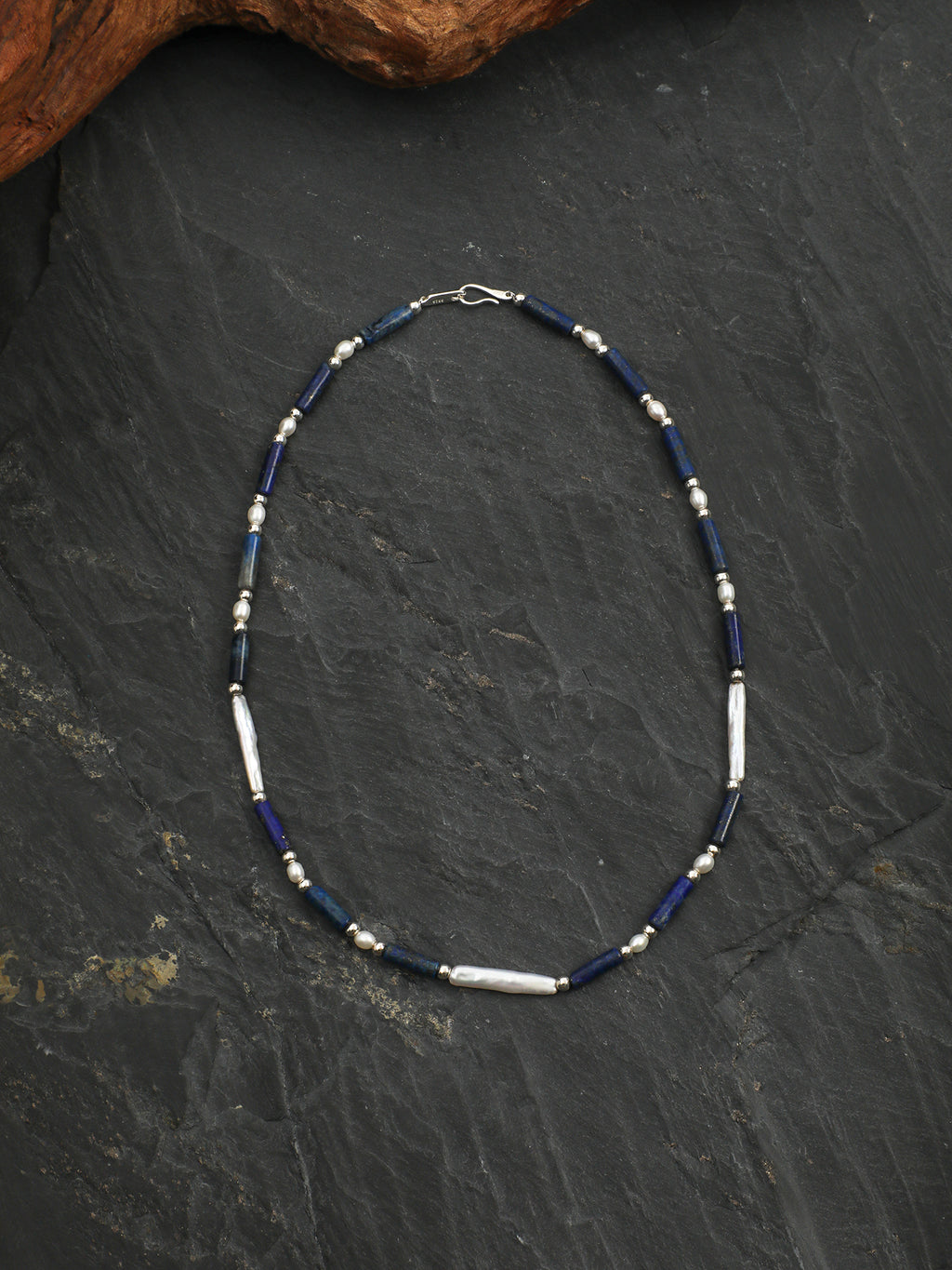 Lapis Lazuli Tube & Silver Bar Necklace — Lapis Lazuli, Pearl & Sterling Silver | SENLORE