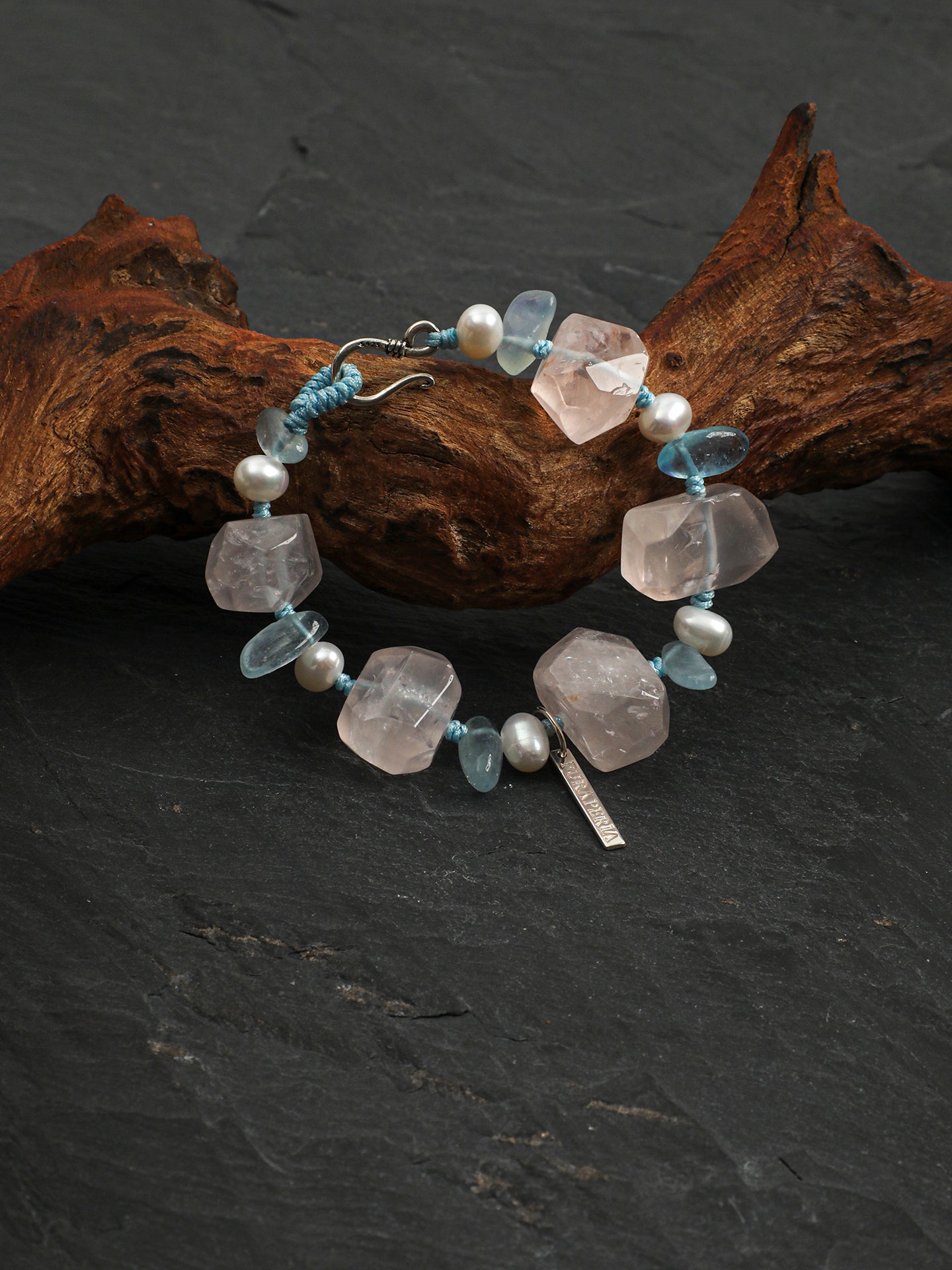 Macaron Color-Block Crystal Bracelet — large freeform rose quartz & seed pearl & S925 Sterling Silver | SENLORE