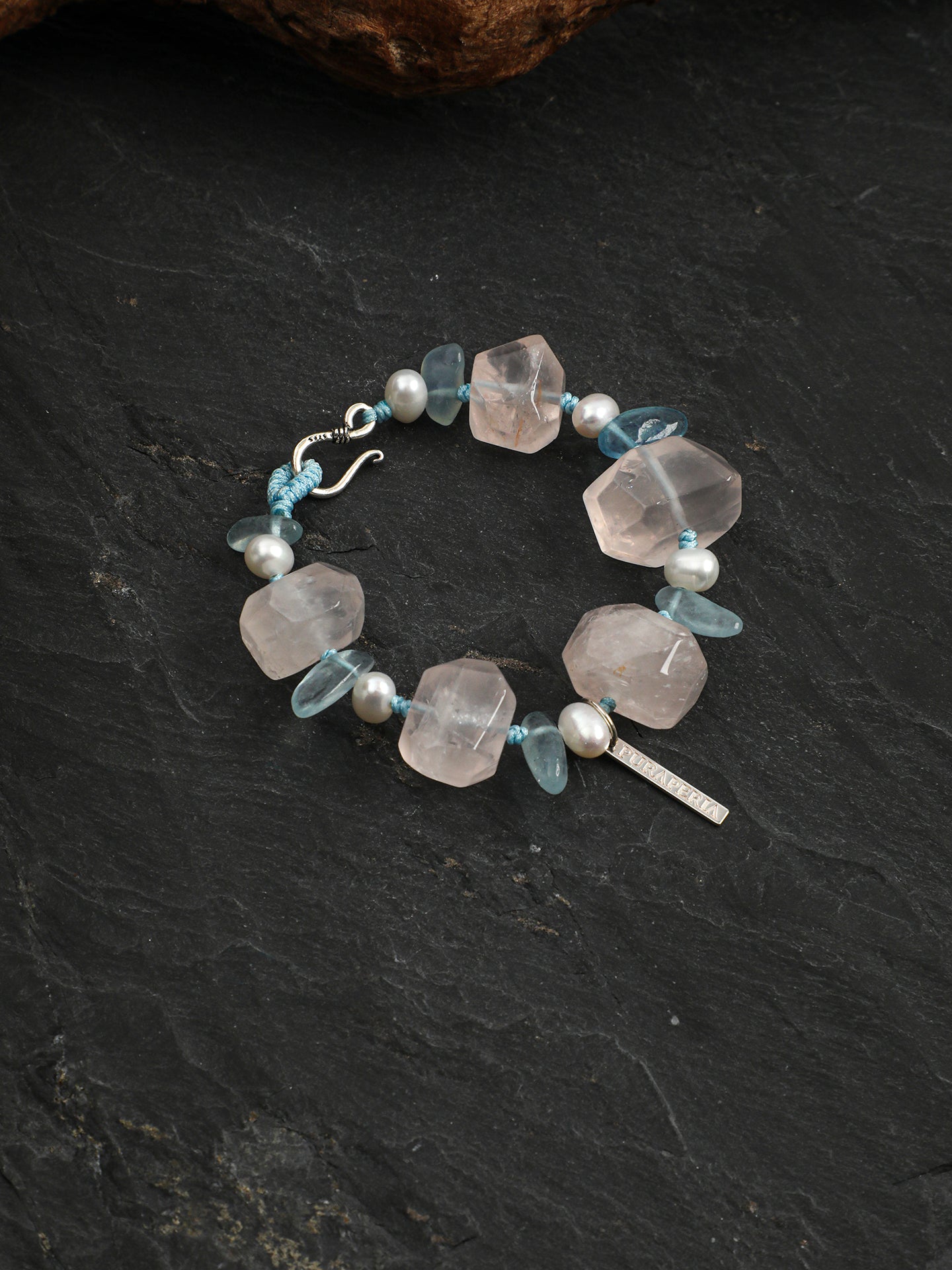 Macaron Color-Block Crystal Bracelet — large freeform rose quartz & seed pearl & S925 Sterling Silver | SENLORE