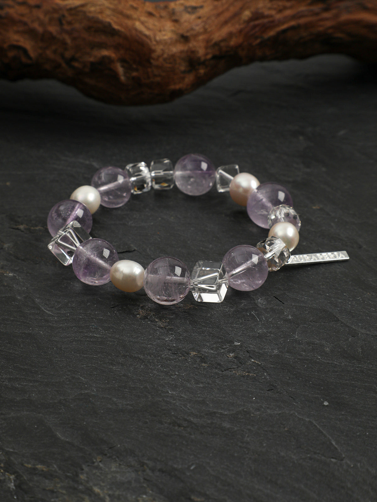 Amethyst Sugar-Cube Pearl Bracelet — amethyst round bead & white crystal rhombus cube & S925 Sterling Silver | SENLORE