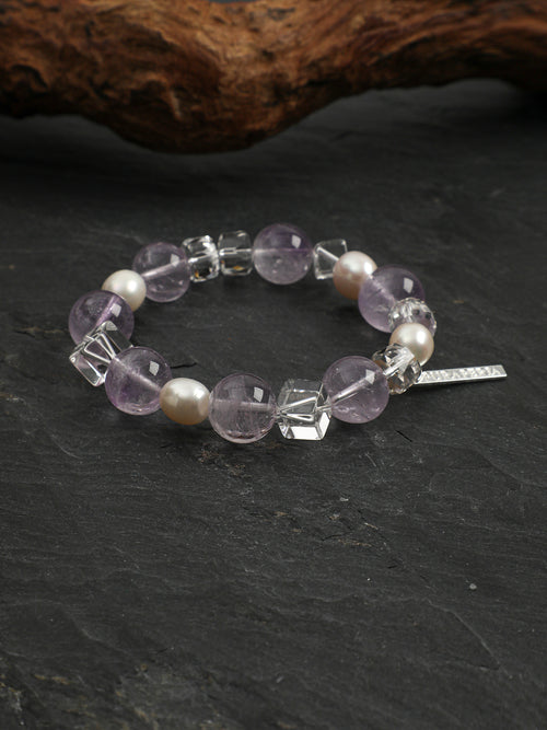 Amethyst Sugar-Cube Pearl Bracelet — amethyst round bead & white crystal rhombus cube & S925 Sterling Silver | SENLORE