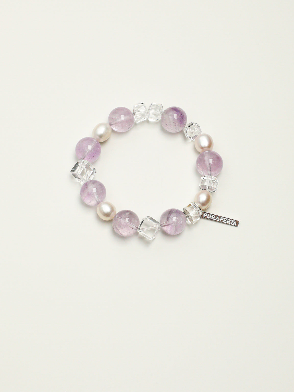 Amethyst Sugar-Cube Pearl Bracelet — amethyst round bead & white crystal rhombus cube & S925 Sterling Silver | SENLORE