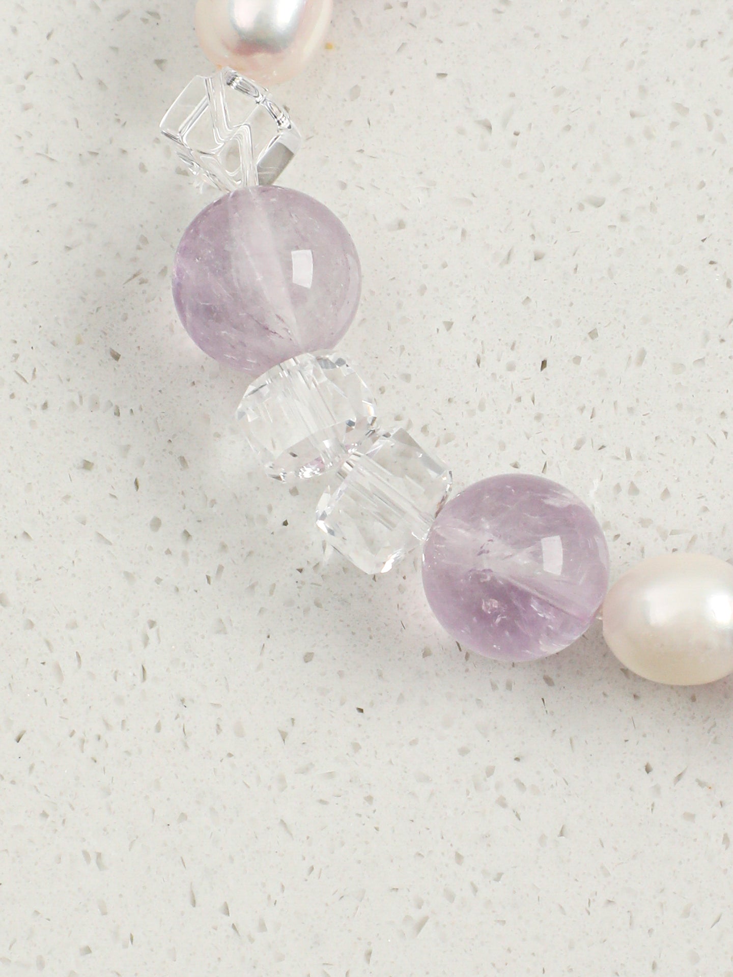 Amethyst Sugar-Cube Pearl Bracelet — amethyst round bead & white crystal rhombus cube & S925 Sterling Silver | SENLORE