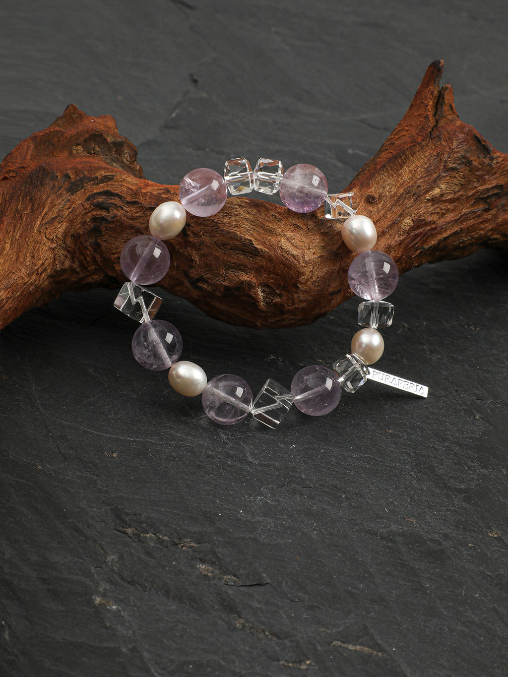 Amethyst Sugar-Cube Pearl Bracelet — amethyst round bead & white crystal rhombus cube & S925 Sterling Silver | SENLORE
