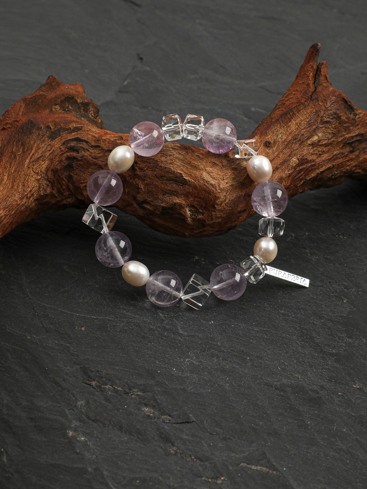 Amethyst Sugar-Cube Pearl Bracelet — amethyst round bead & white crystal rhombus cube & S925 Sterling Silver | SENLORE
