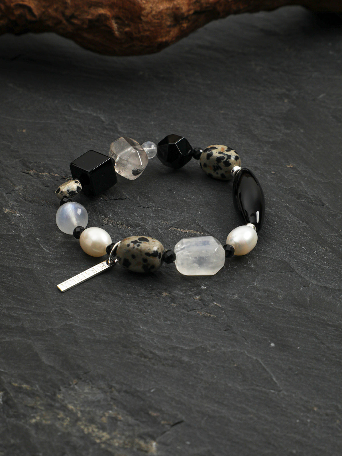Black Agate Disc Stone Bracelet — blue moonstone round bead & freeform blue moonstone & S925 Sterling Silver | SENLORE