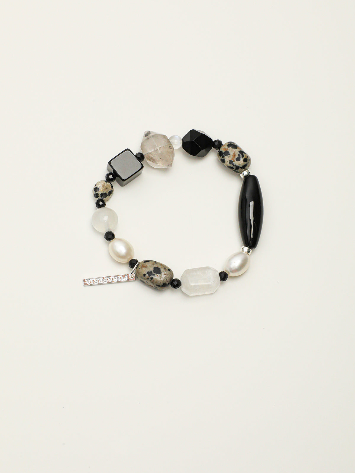 Black Agate Disc Stone Bracelet — blue moonstone round bead & freeform blue moonstone & S925 Sterling Silver | SENLORE