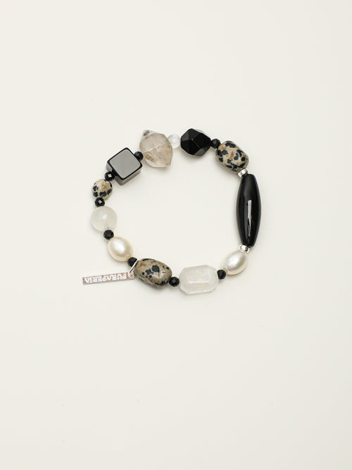 Black Agate Disc Stone Bracelet — blue moonstone round bead & freeform blue moonstone & S925 Sterling Silver | SENLORE