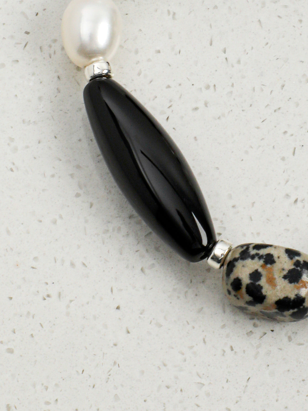 Black Agate Disc Stone Bracelet — blue moonstone round bead & freeform blue moonstone & S925 Sterling Silver | SENLORE