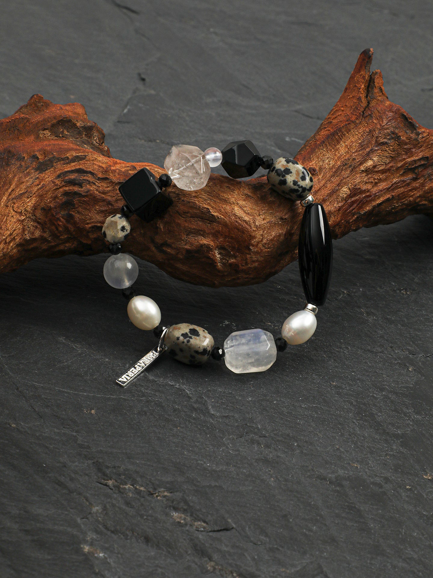 Black Agate Disc Stone Bracelet — blue moonstone round bead & freeform blue moonstone & S925 Sterling Silver | SENLORE