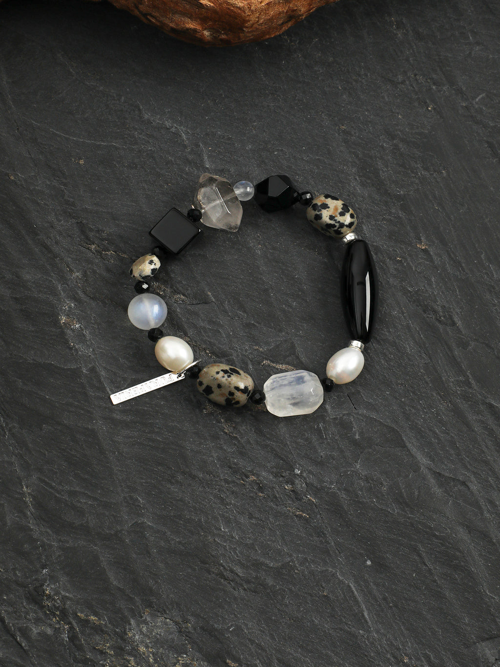 Black Agate Disc Stone Bracelet — blue moonstone round bead & freeform blue moonstone & S925 Sterling Silver | SENLORE