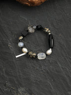 Black Agate Disc Stone Bracelet — blue moonstone round bead & freeform blue moonstone & S925 Sterling Silver | SENLORE