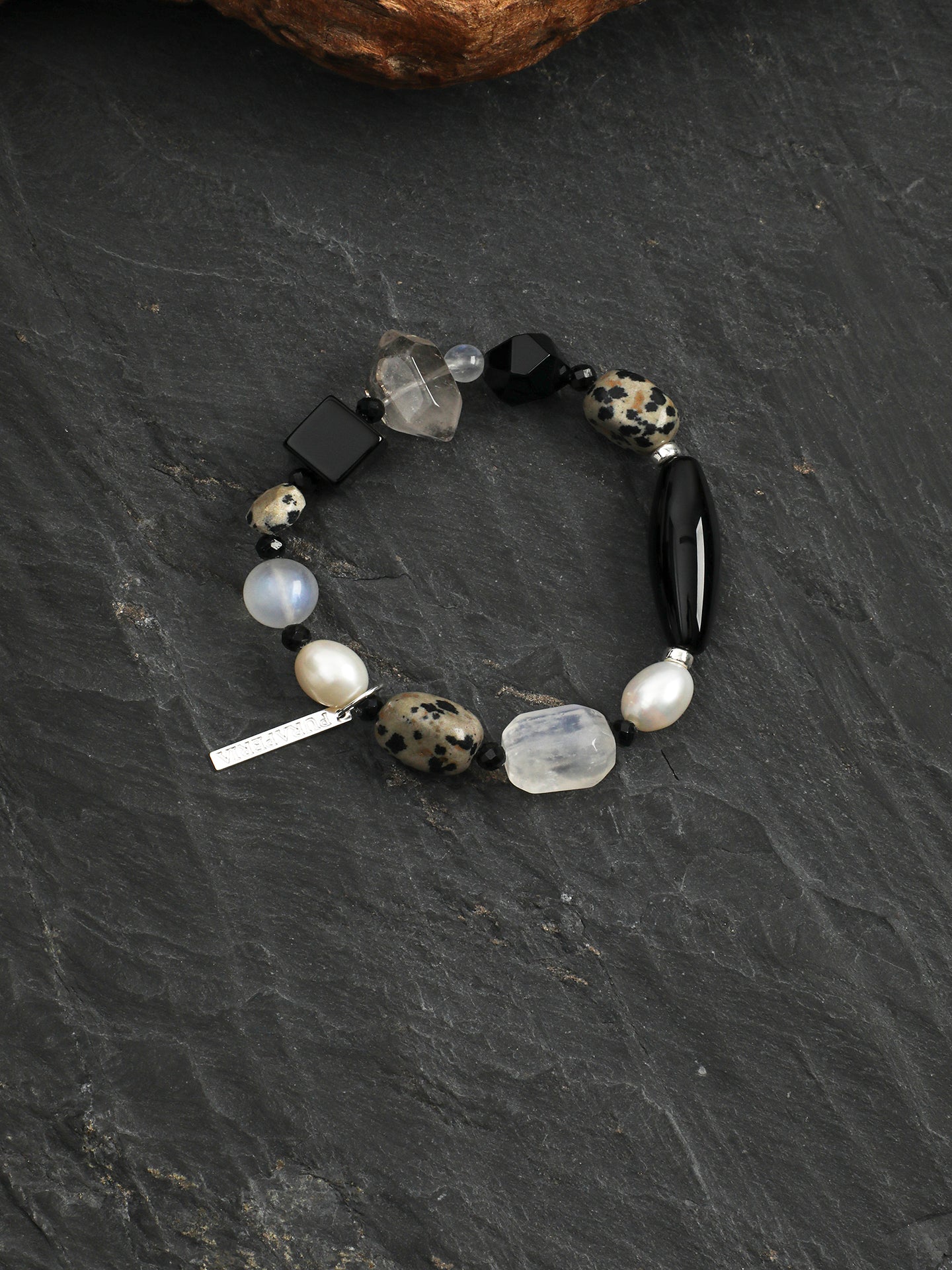 Black Agate Disc Stone Bracelet — blue moonstone round bead & freeform blue moonstone & S925 Sterling Silver | SENLORE