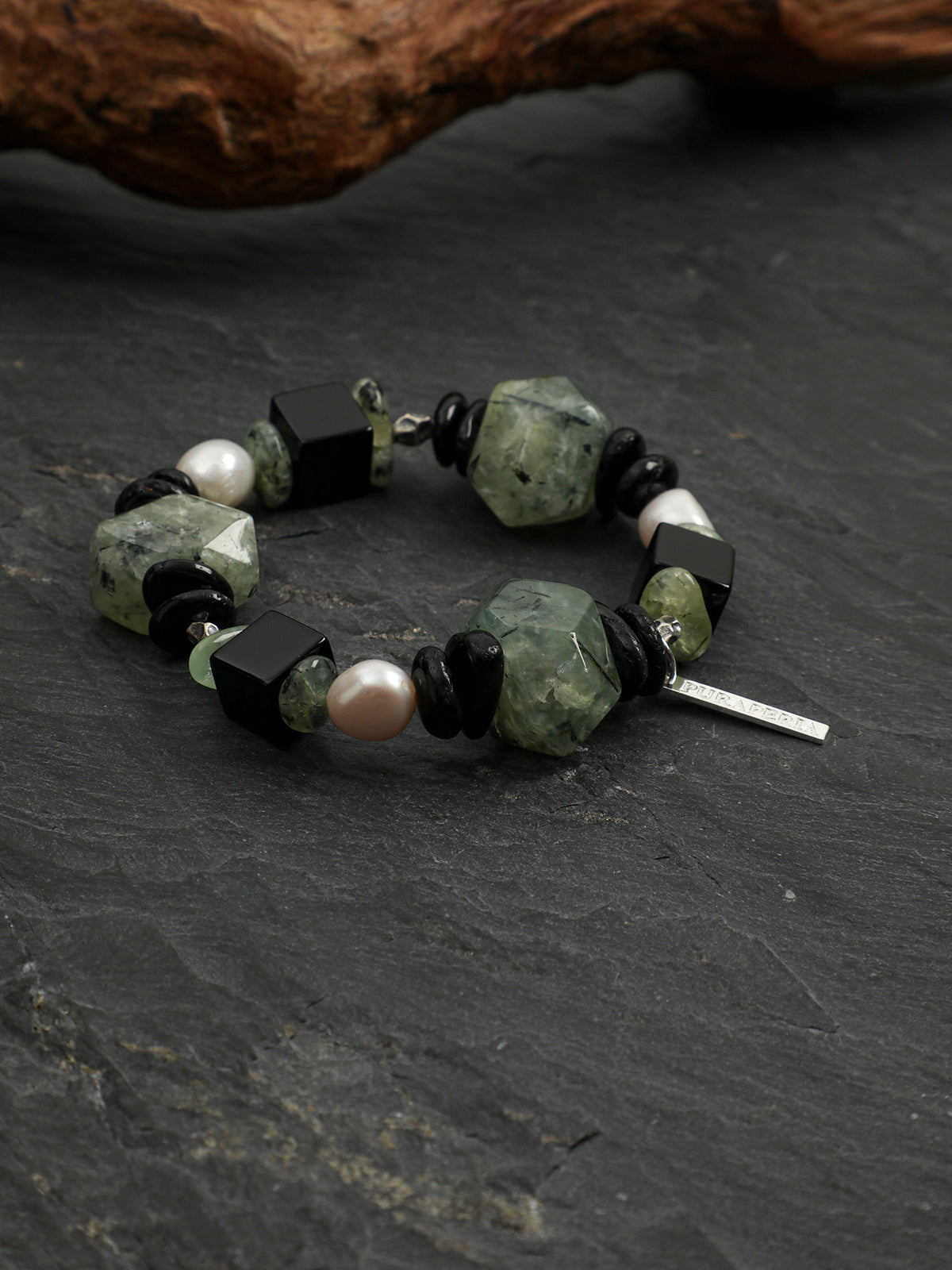 Prehnite Black Agate & Baroque Pearl Bracelet — Prehnite, Black Agate, Baroque Pearl & Silver | SENLORE