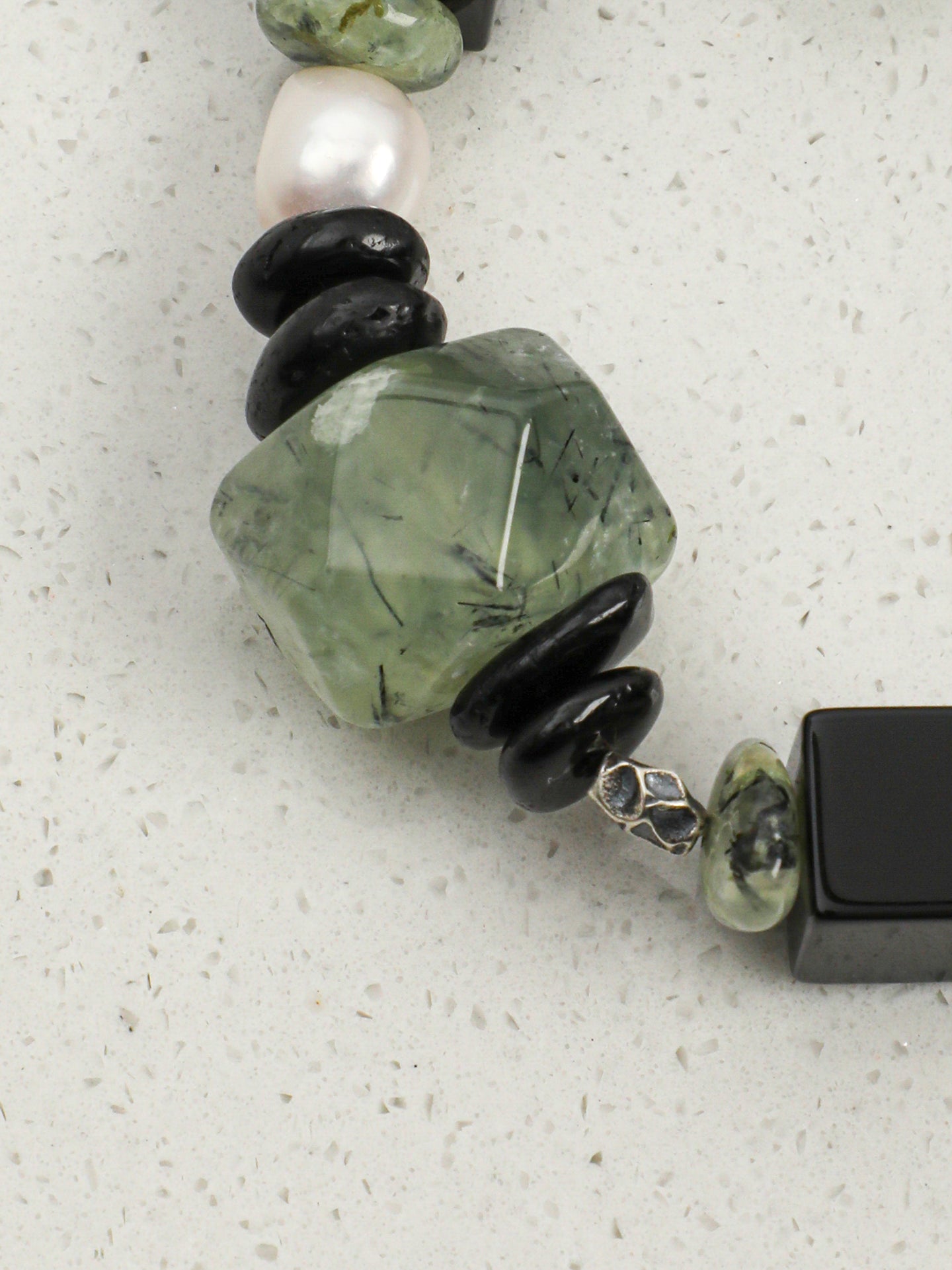 Prehnite Black Agate & Baroque Pearl Bracelet — Prehnite, Black Agate, Baroque Pearl & Silver | SENLORE