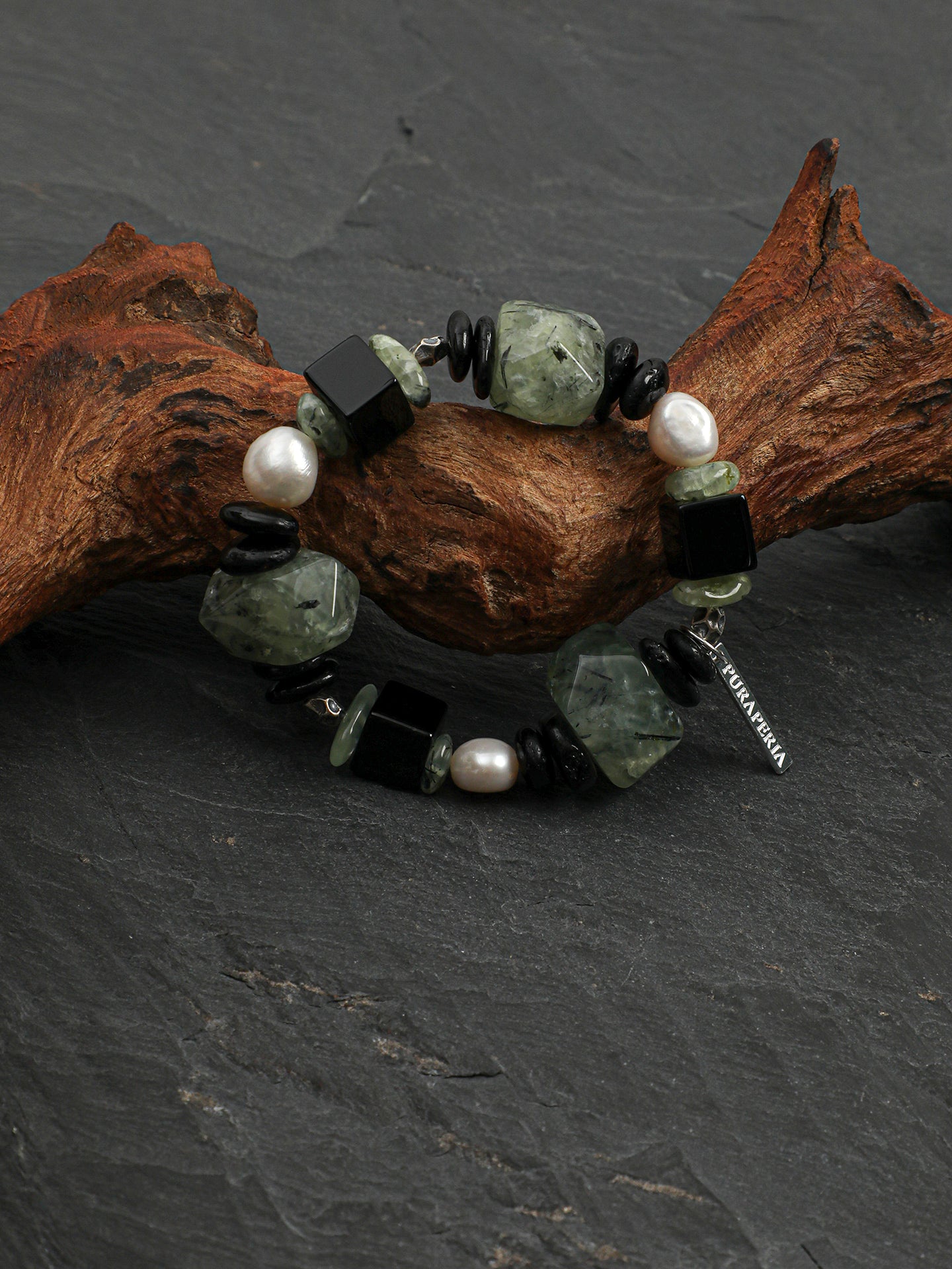 Prehnite Black Agate & Baroque Pearl Bracelet — Prehnite, Black Agate, Baroque Pearl & Silver | SENLORE