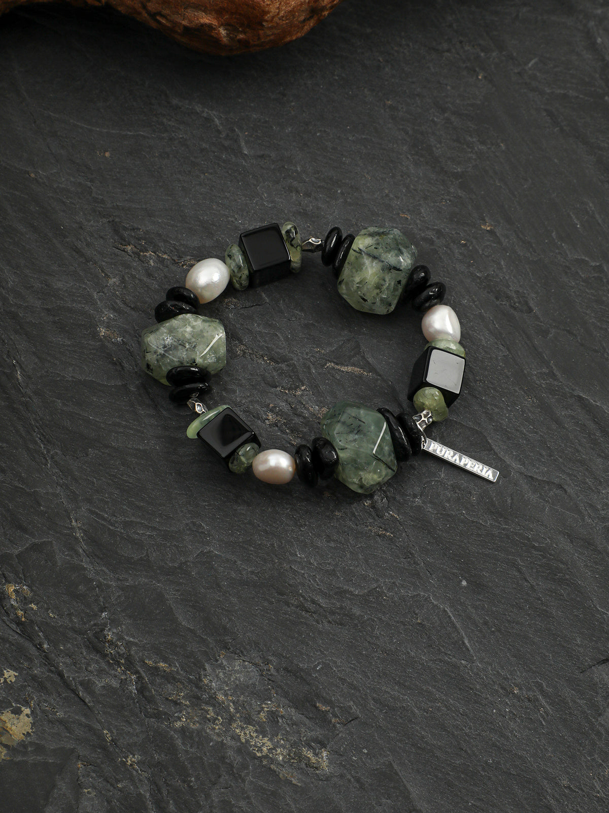 Prehnite Black Agate & Baroque Pearl Bracelet — Prehnite, Black Agate, Baroque Pearl & Silver | SENLORE