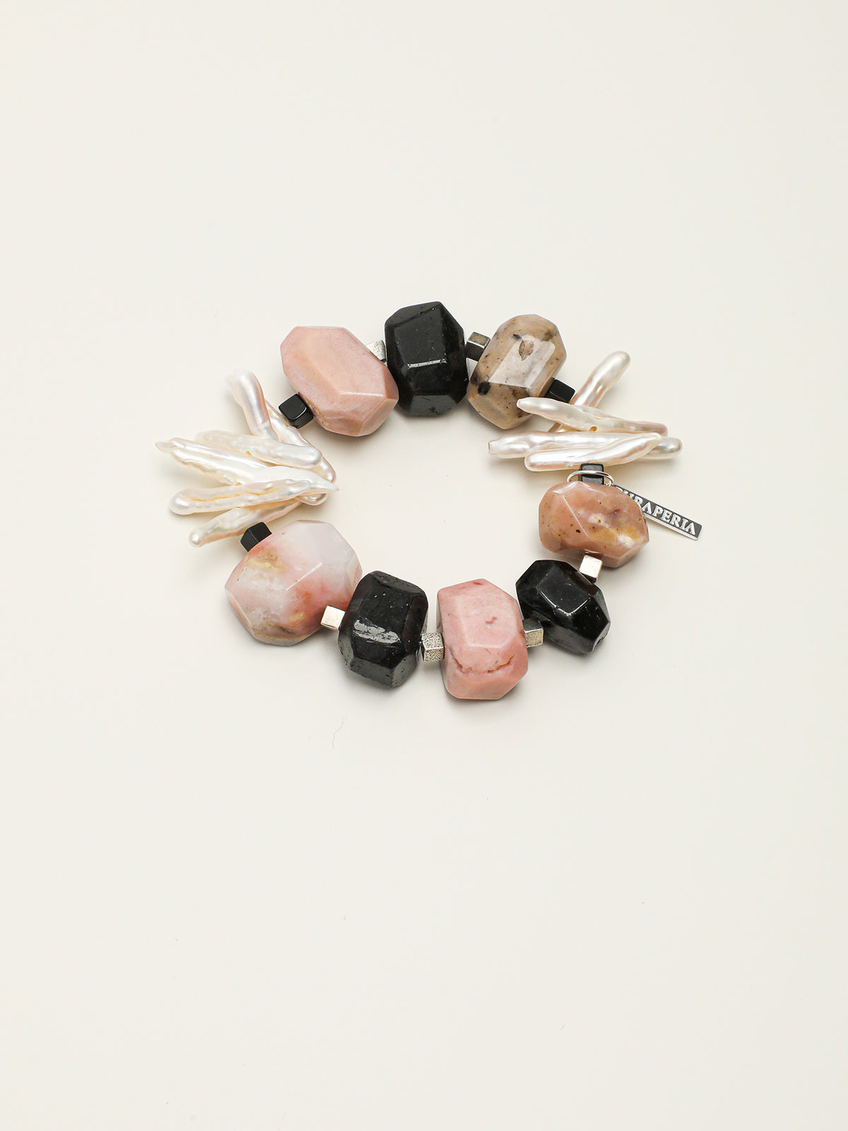 Pink Opal Baroque Bracelet — large freeform pink opal & large freeform black rutilated quartz & S925 Sterling Silver | SENLORE