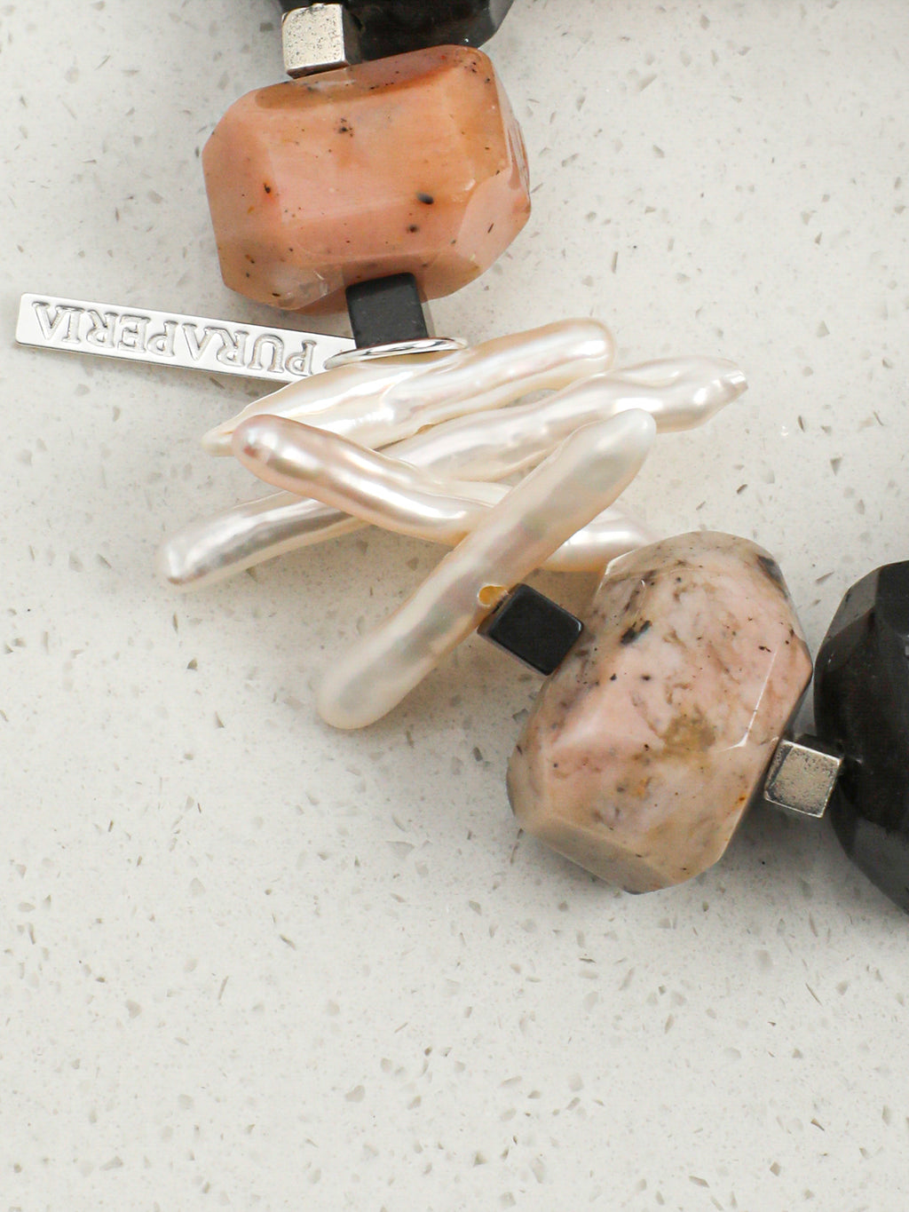 Pink Opal Baroque Bracelet — large freeform pink opal & large freeform black rutilated quartz & S925 Sterling Silver | SENLORE