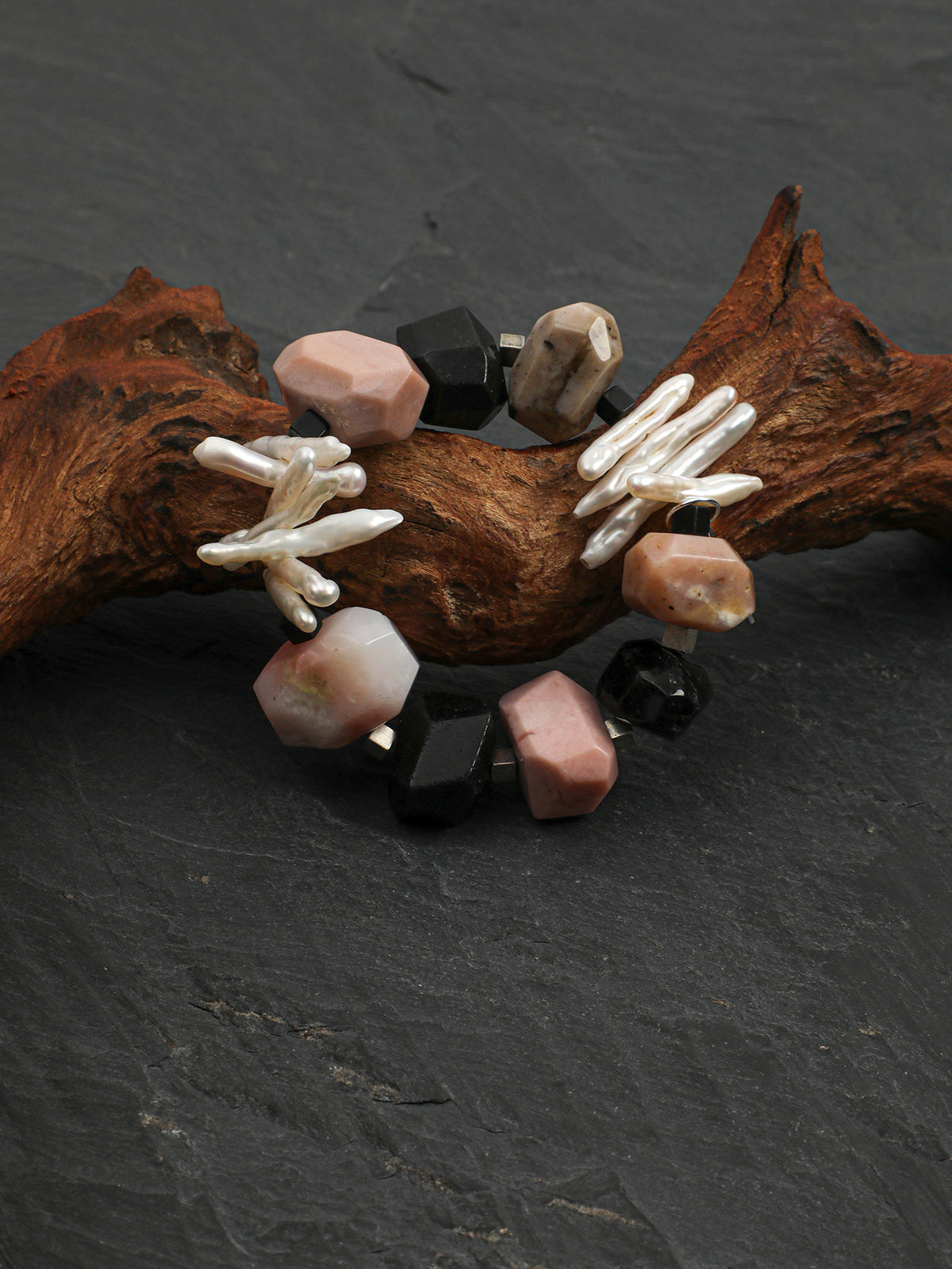 Pink Opal Baroque Bracelet — large freeform pink opal & large freeform black rutilated quartz & S925 Sterling Silver | SENLORE
