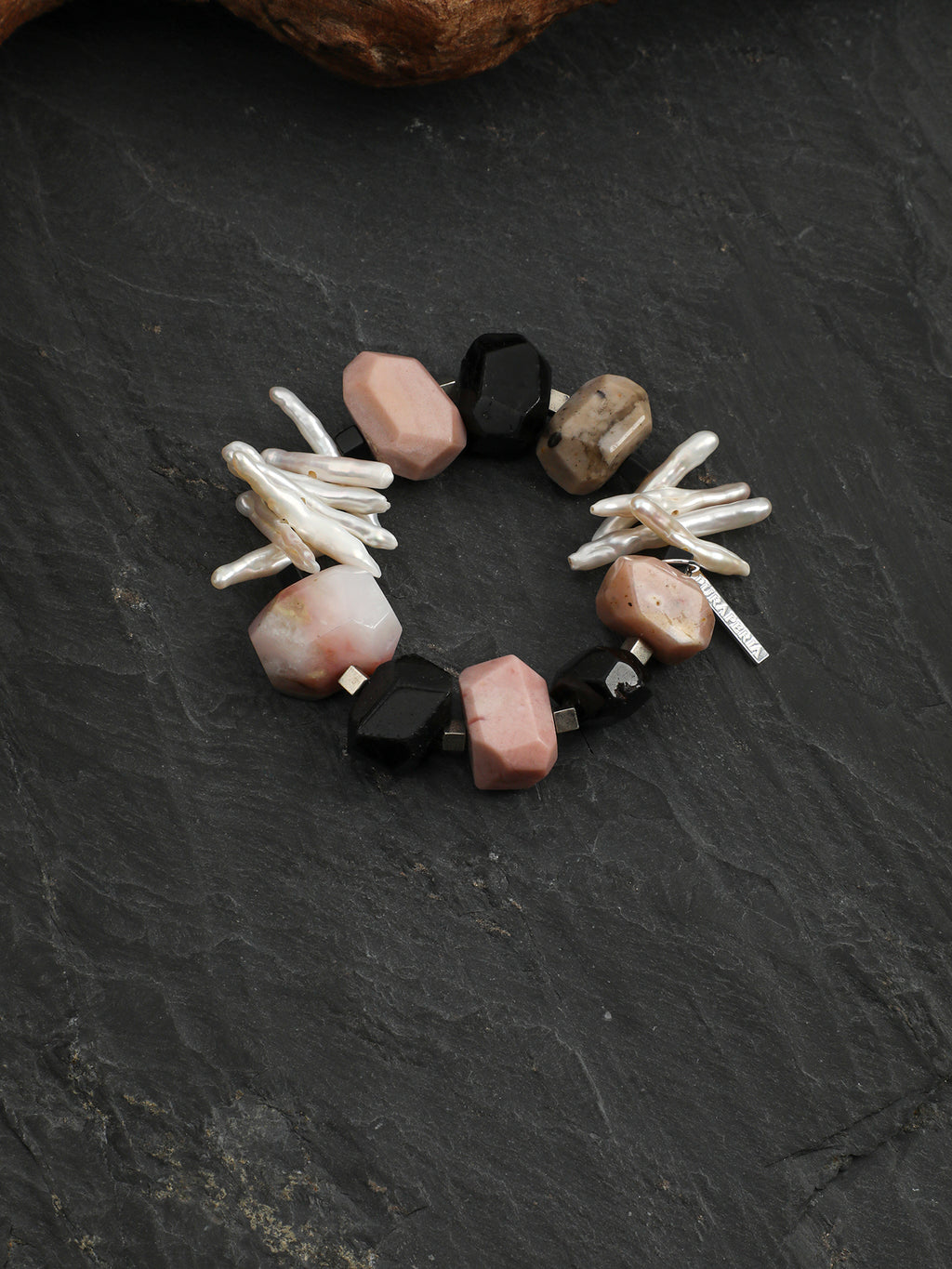 Pink Opal Baroque Bracelet — large freeform pink opal & large freeform black rutilated quartz & S925 Sterling Silver | SENLORE