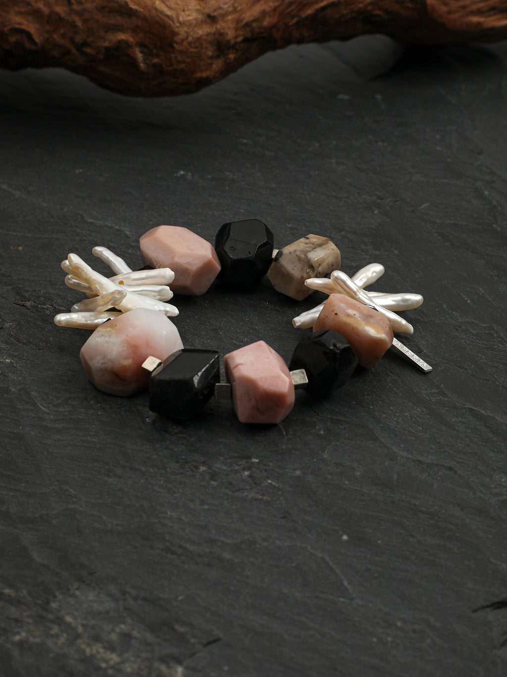 Pink Opal Baroque Bracelet — large freeform pink opal & large freeform black rutilated quartz & S925 Sterling Silver | SENLORE