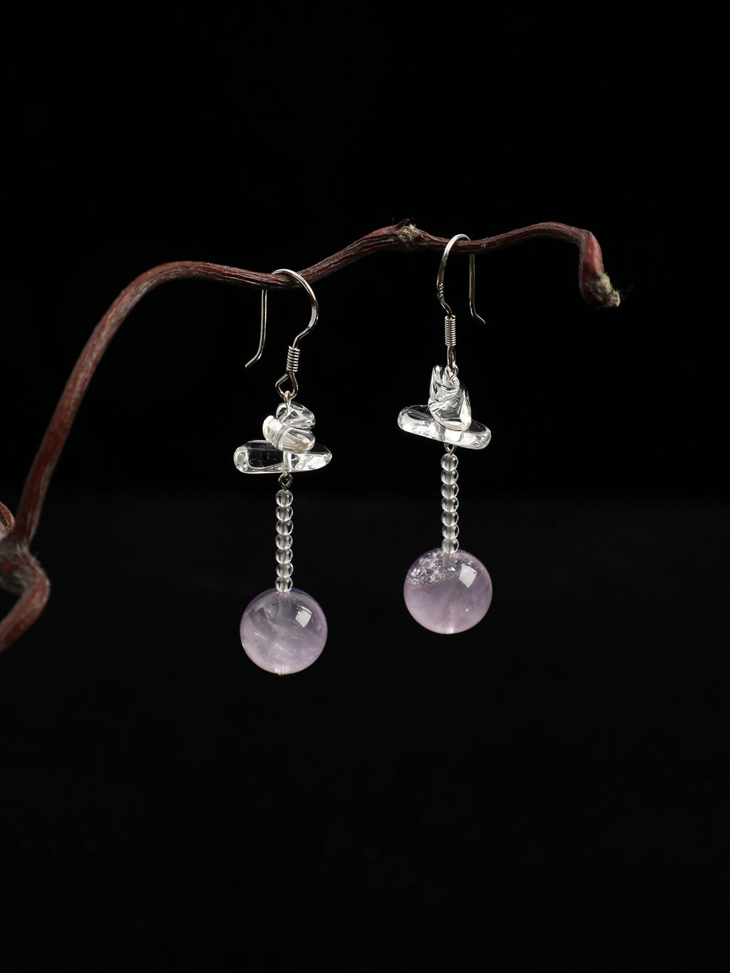 Amethyst Fang Vintage Drop Earrings — Amethyst, Clear Quartz & Sterling Silver | SENLORE