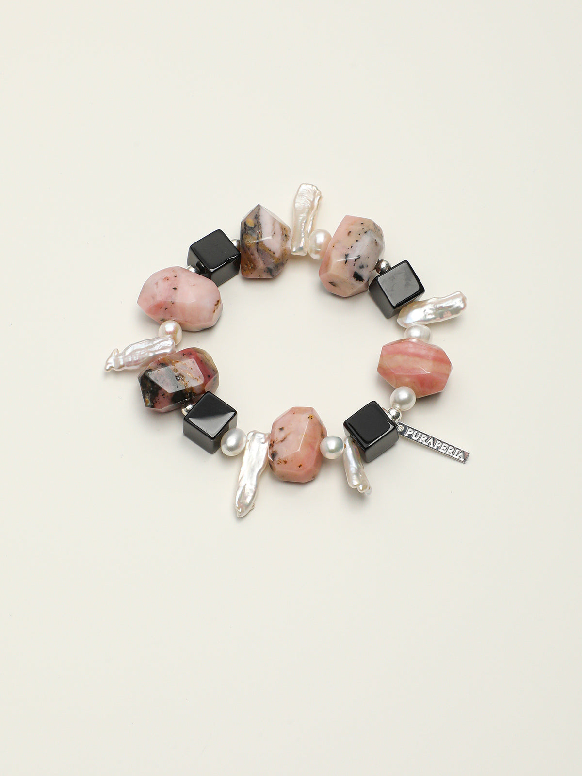 Pink Opal & Baroque Pearl Crystal Bracelet — pink opal, black agate, baroque pearl, seed pearls, sterling silver | SENLORE