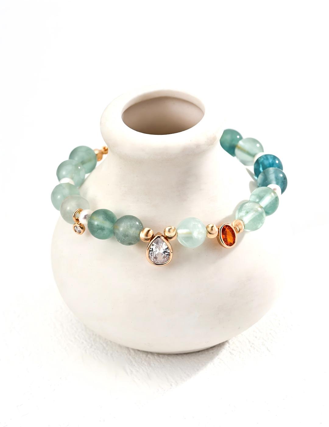 Green Fluorite Zircon Pearl Bracelet — 18K Gold Vermeil, natural freshwater pearl, cubic zirconia, green fluorite | SENLORE