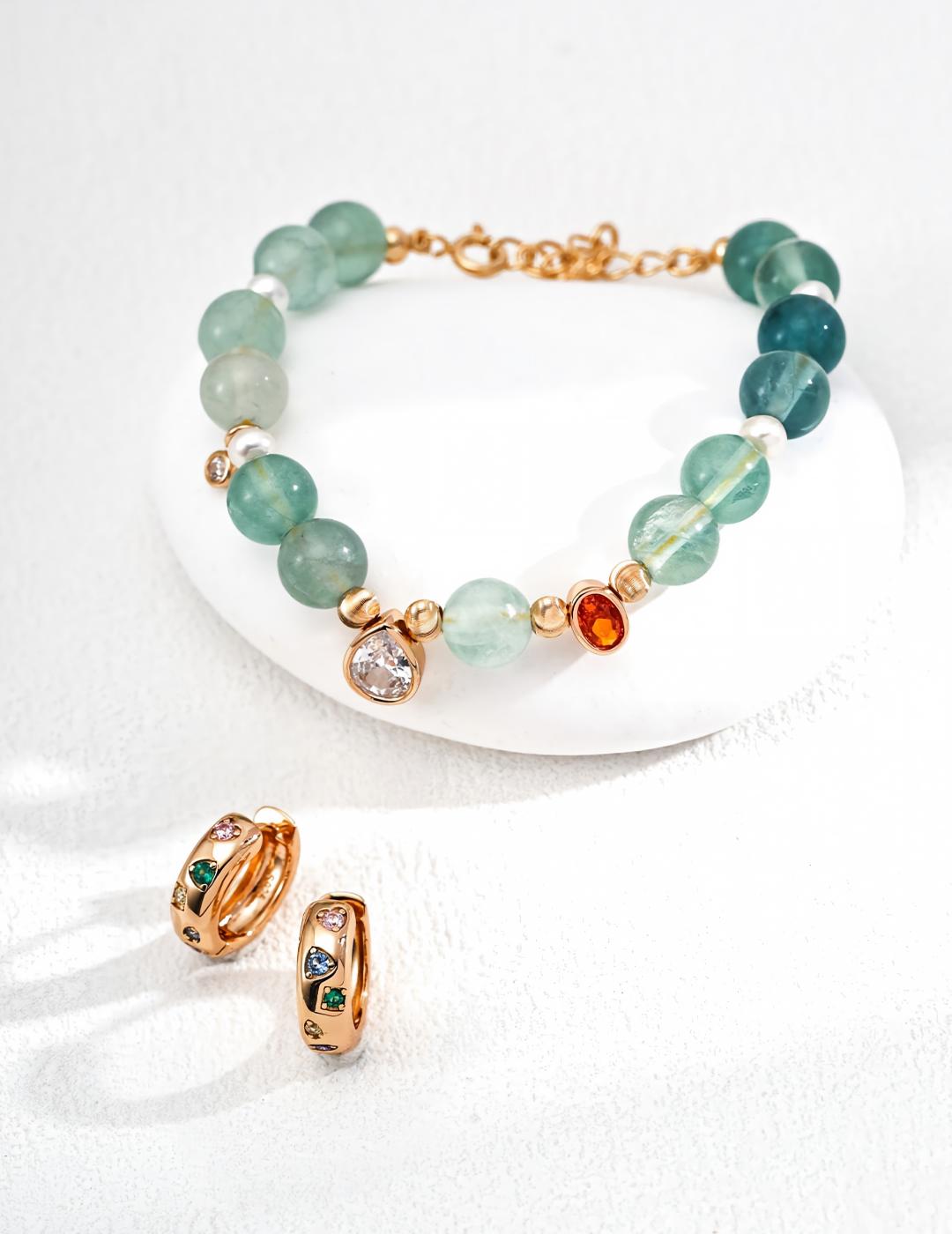 Green Fluorite Zircon Pearl Bracelet — 18K Gold Vermeil, natural freshwater pearl, cubic zirconia, green fluorite | SENLORE