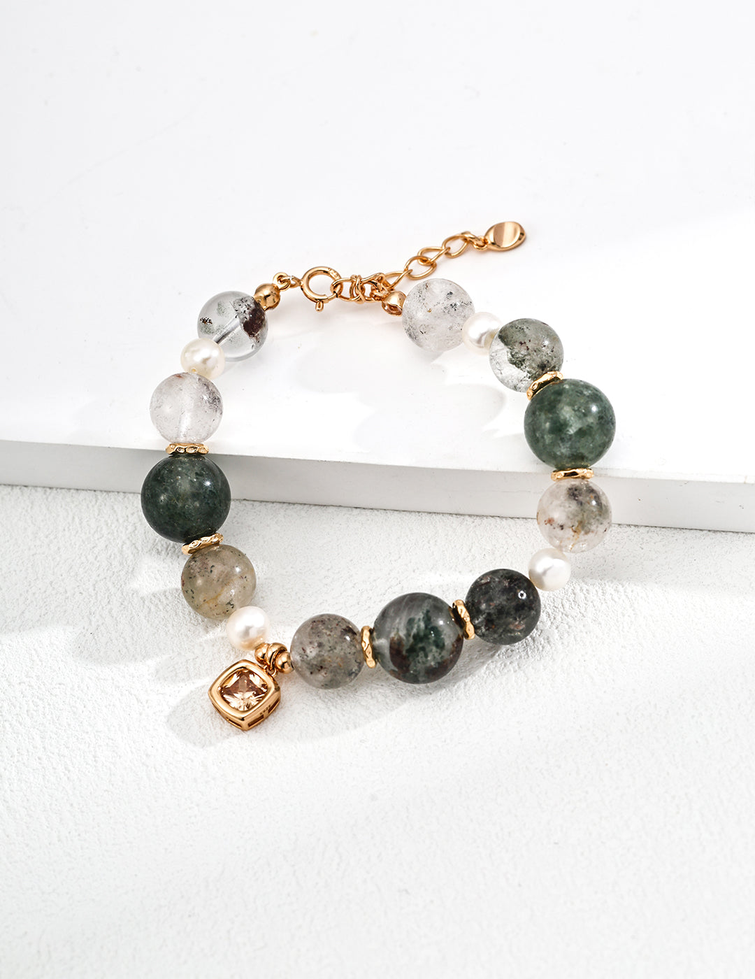 Phantom Quartz Pearl Bracelet — 18K Gold Vermeil, natural freshwater pearl, green phantom quartz | SENLORE