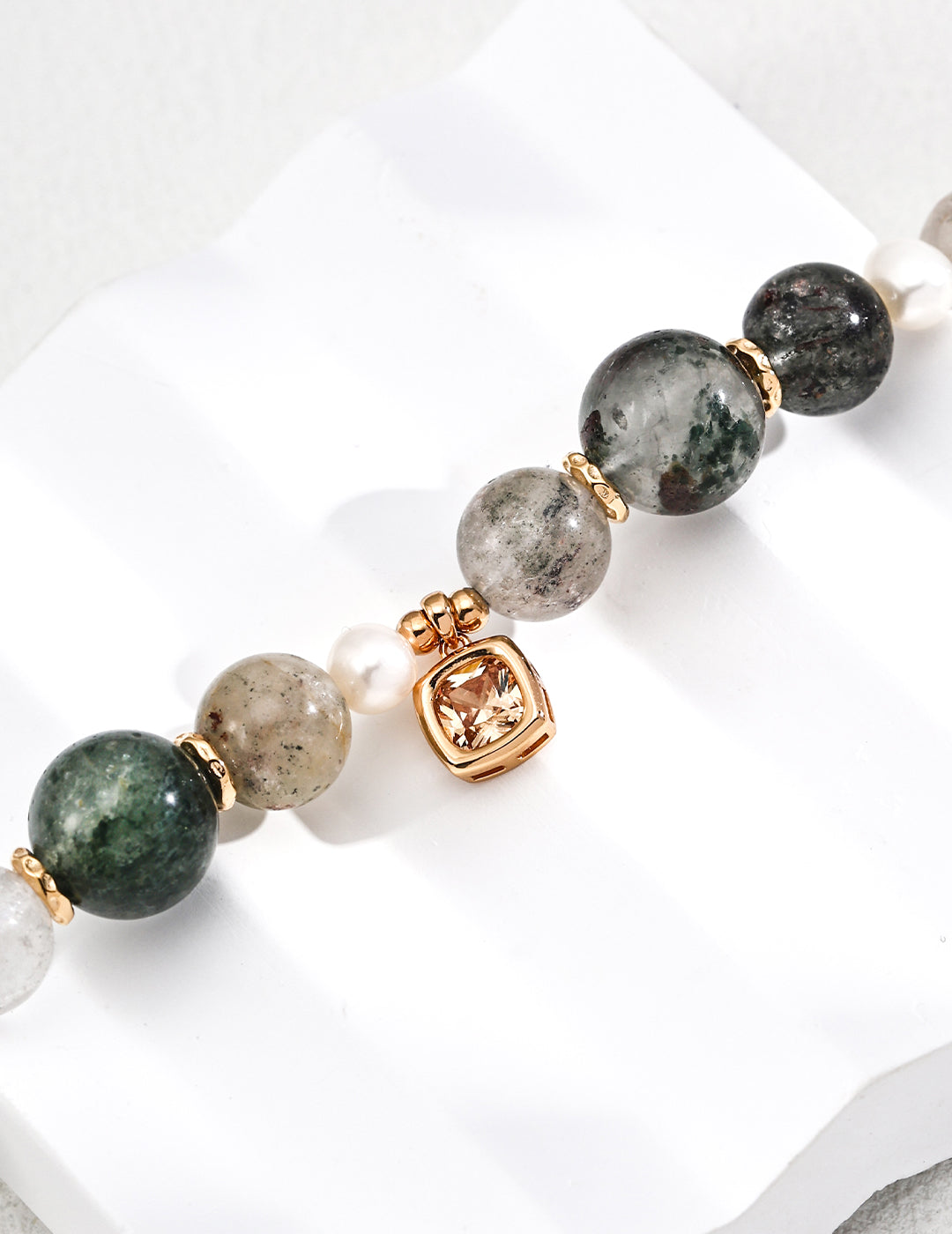 Phantom Quartz Pearl Bracelet — 18K Gold Vermeil, natural freshwater pearl, green phantom quartz | SENLORE