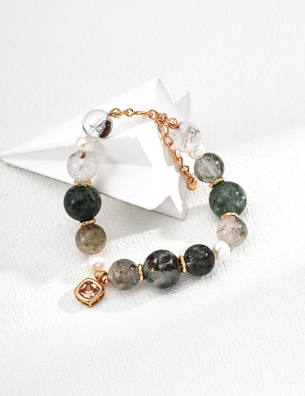 Phantom Quartz Pearl Bracelet — 18K Gold Vermeil, natural freshwater pearl, green phantom quartz | SENLORE