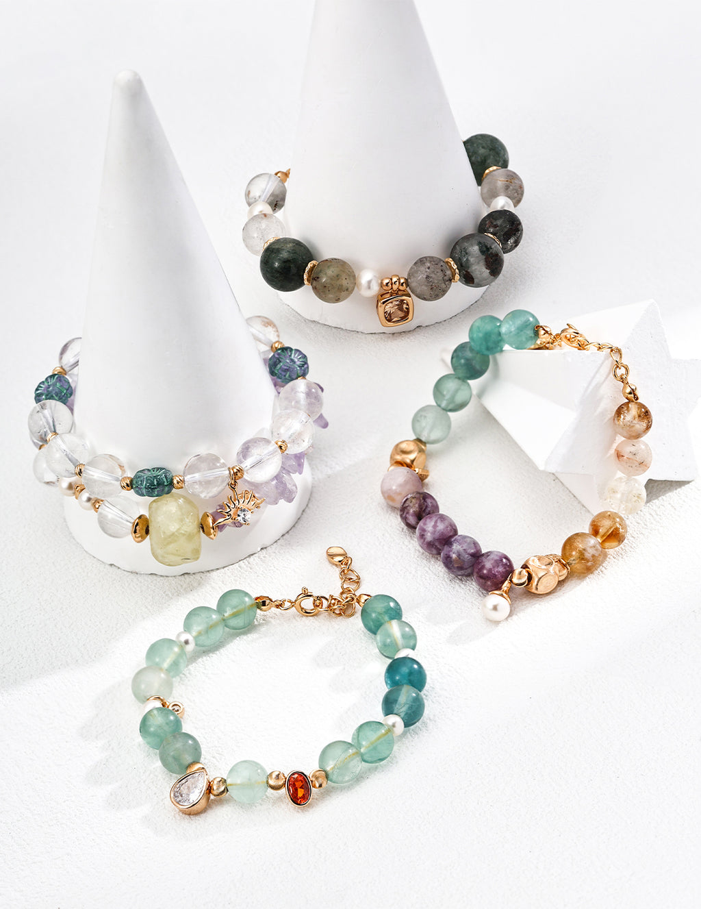Clear Quartz Floral Glass Bracelet — 18K Gold Vermeil, clear quartz, blue glass flower bead | SENLORE