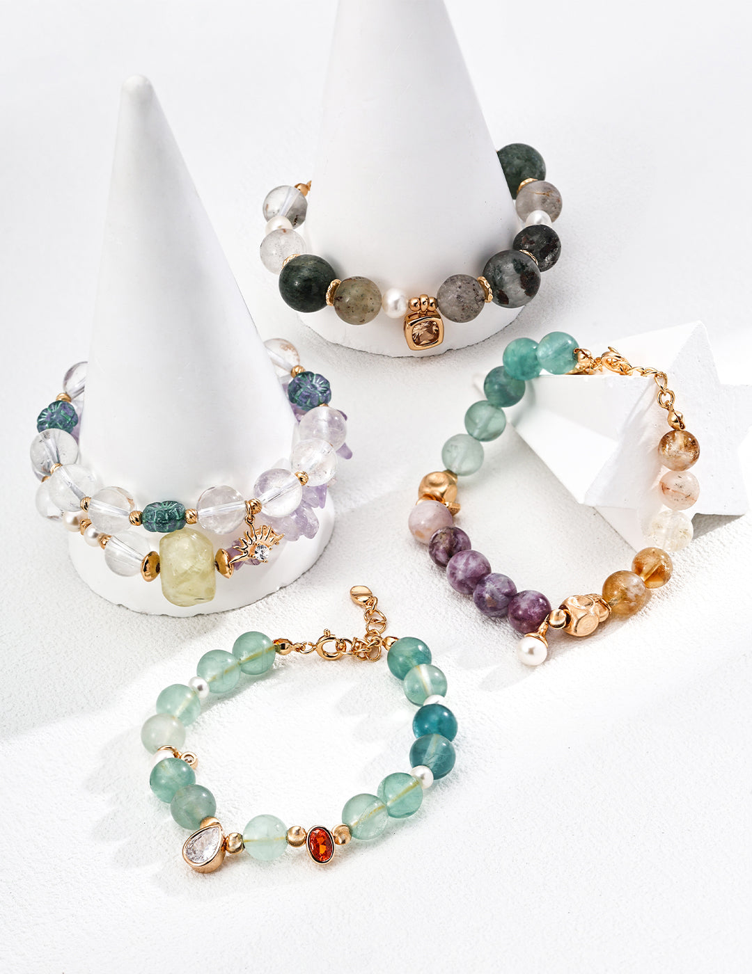 Clear Quartz Floral Glass Bracelet — 18K Gold Vermeil, clear quartz, blue glass flower bead | SENLORE