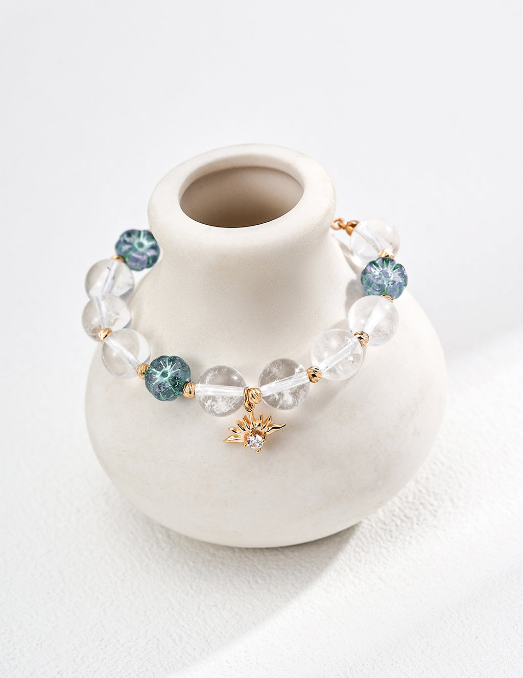 Clear Quartz Floral Glass Bracelet — 18K Gold Vermeil, clear quartz, blue glass flower bead | SENLORE