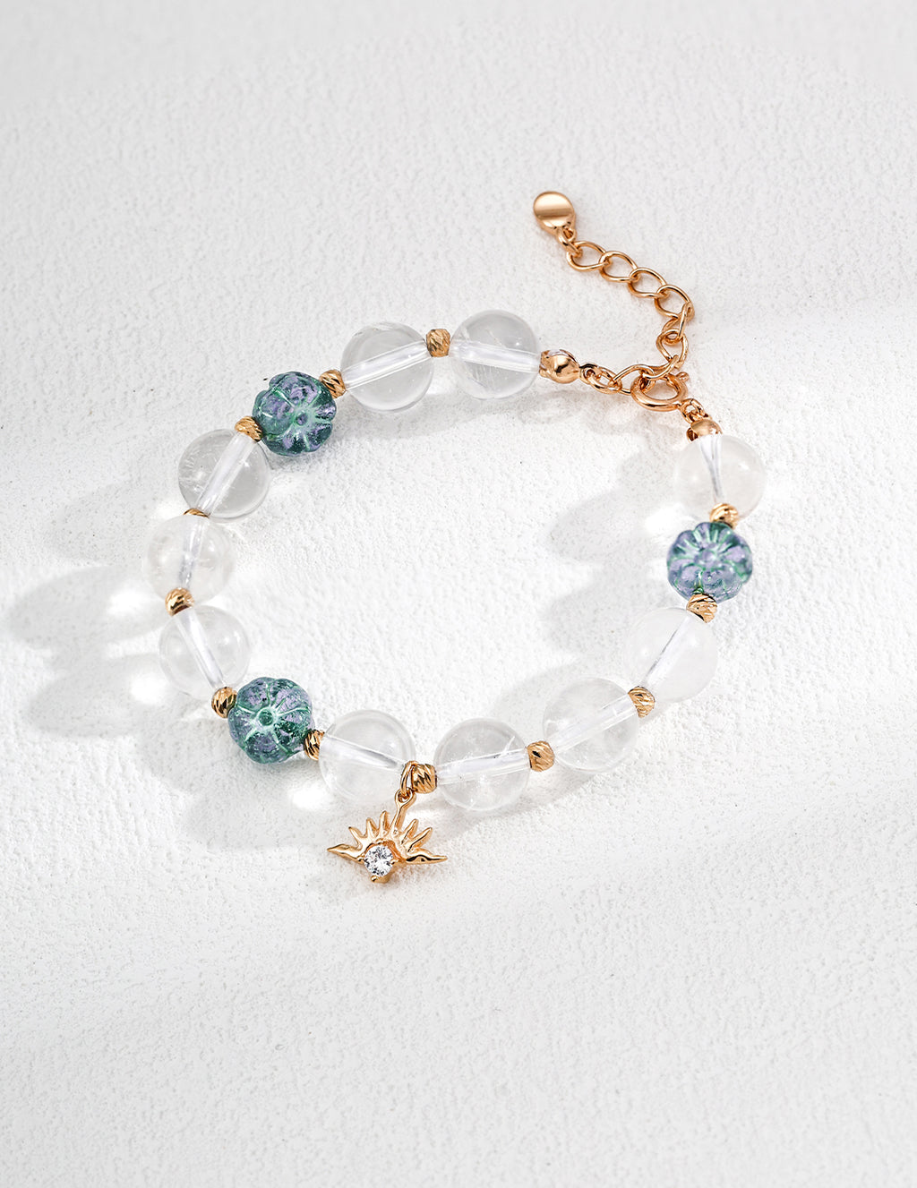 Clear Quartz Floral Glass Bracelet — 18K Gold Vermeil, clear quartz, blue glass flower bead | SENLORE
